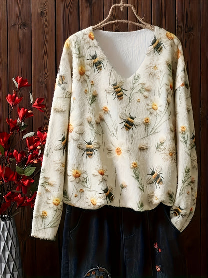 Plus Size Bee & Floral Pattern Sweater, Casual Long Sleeve V Neck Top For Fall & Winter, Women's Plus Size Clothing