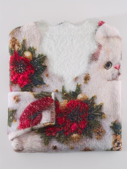 Plus Size Christmas Women's Wavy Neckline, Knitted Santa Claus Digital Print Flower Print Knitted Long Sleeves, Pullover Warm Top Sweater