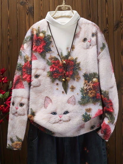 Plus Size Christmas Women's Wavy Neckline, Knitted Santa Claus Digital Print Flower Print Knitted Long Sleeves, Pullover Warm Top Sweater