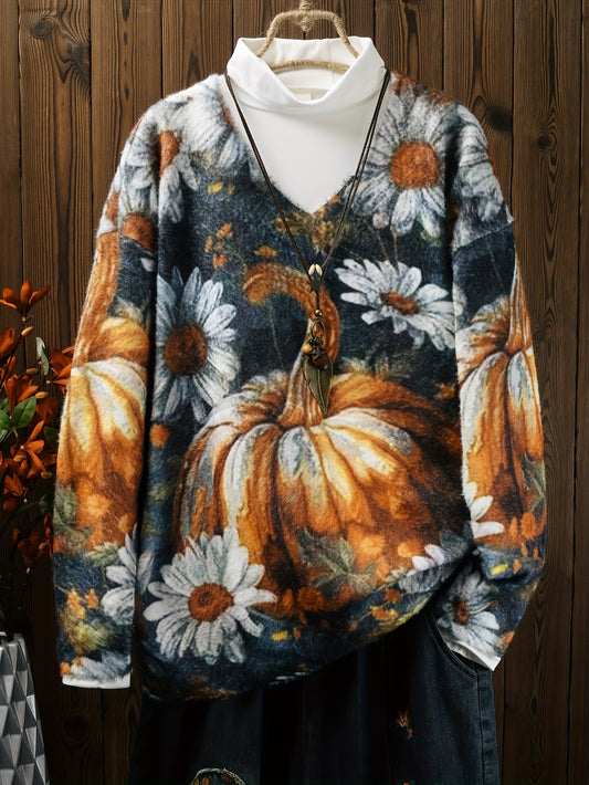 Plus Size Autumn And Winter Women's Clothing, Mink Fur Halloween Oversized Pumpkin Warm Sweater, Full Print V-neck Short Knitted Set