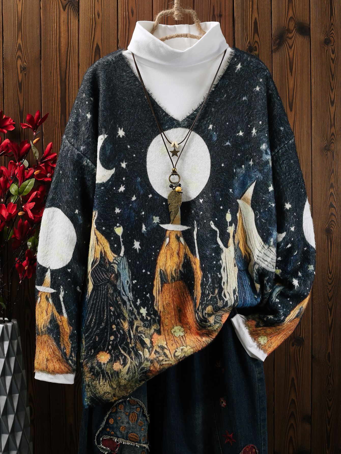 Plus Size Women's Mink Fur, Autumn And Winter Halloween Printed V-neck Top, Knitted Pullover Warm Sweater